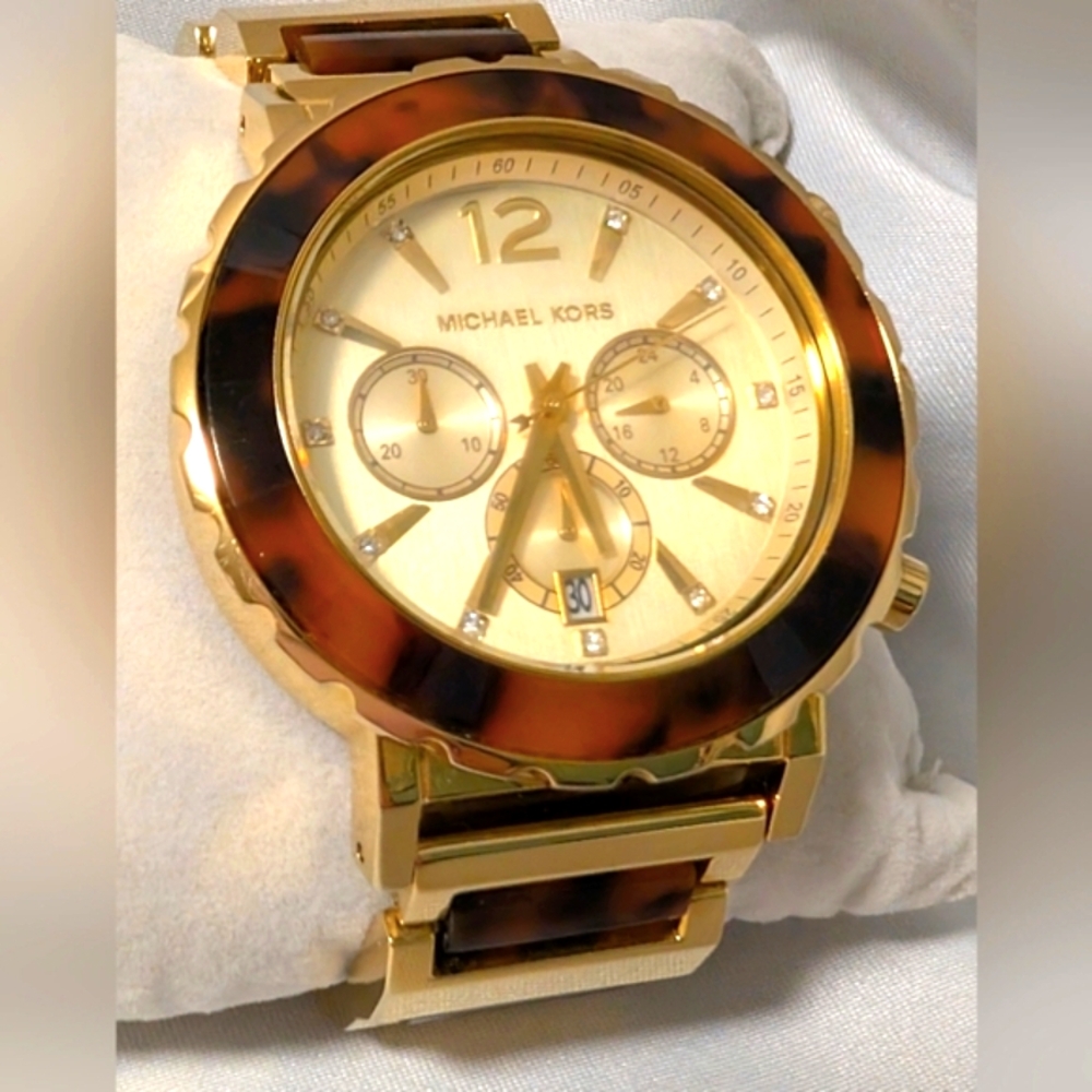 Michael Kors Chronograph Tortoise Acetate & Gold-tone Watch. New Battery - Picture 4 of 10